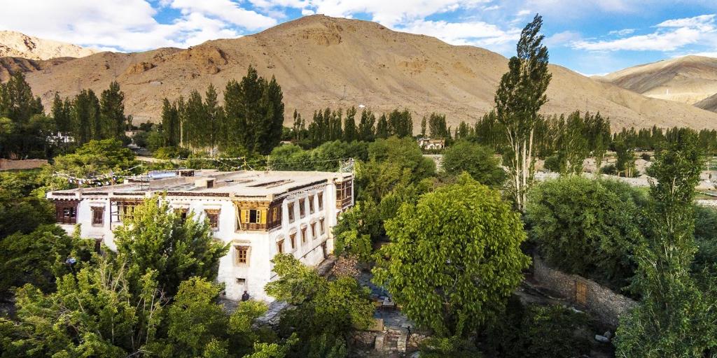 NimuNimmu House Ladakh的享有树木和山脉建筑的空中景致
