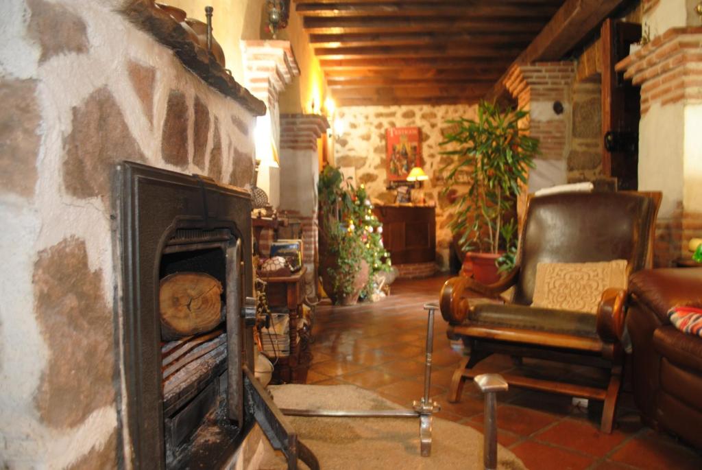 米哈雷斯卡萨多纳里吉亚酒店的客厅设有石头壁炉、沙发和椅子