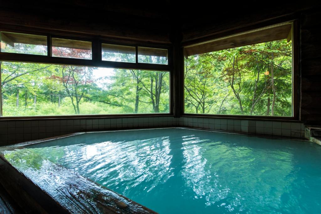 藏王温泉高宫哈蒙德酒店的一个带两扇窗户的房间,有一个大型游泳池
