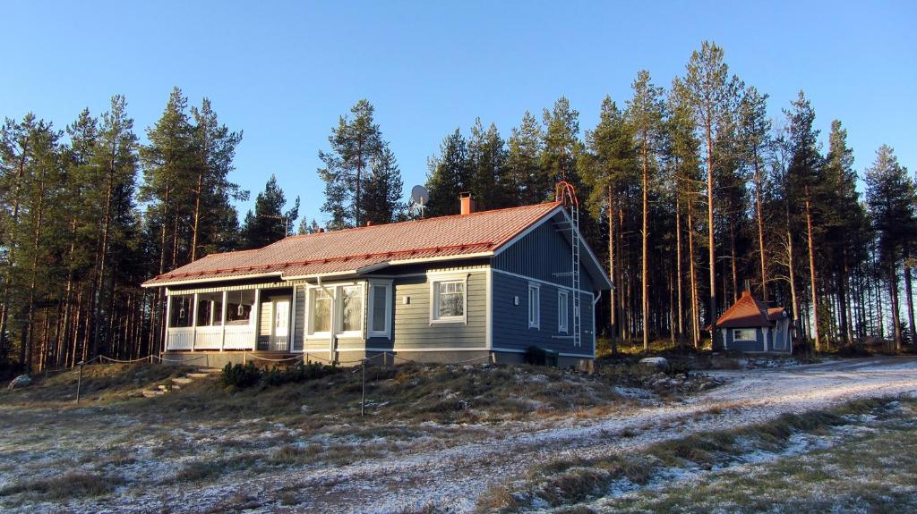 SonkaVilla Mustikkakumpu的土路上有红色屋顶的小房子
