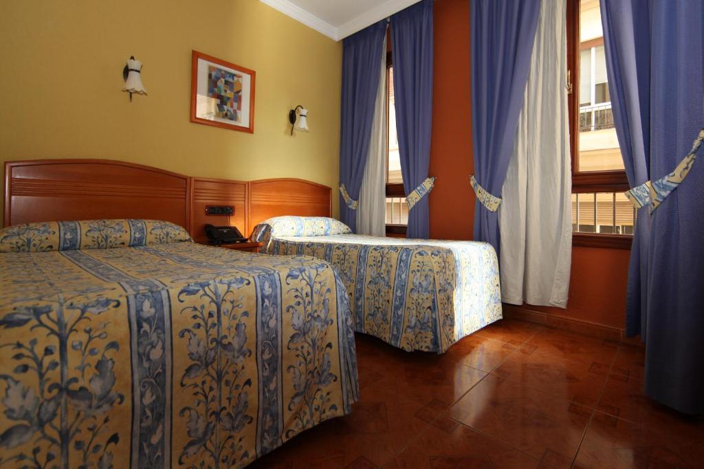 马拉加维多利亚旅馆的酒店客房设有两张床和窗户。
