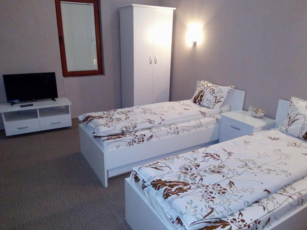 ProbištipKafana "Kaj Zoki"的一间卧室配有两张床和电视