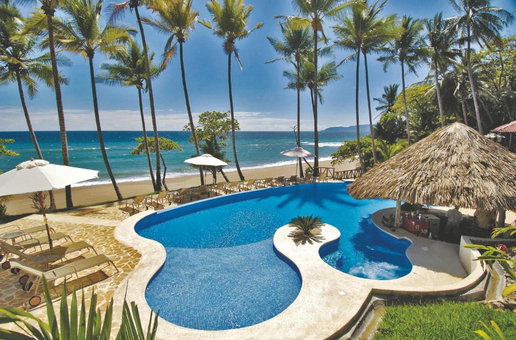 坦波Tango Mar Beachfront Boutique Hotel & Villas的棕榈树和海洋海滩上的游泳池