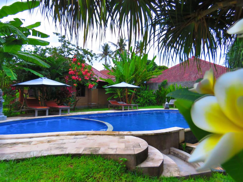 佩母德兰苏卡萨瑞酒店的庭院内的游泳池,配有椅子和遮阳伞