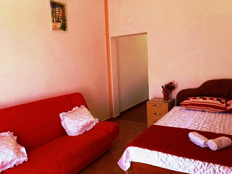 伊加洛Apartments Sun Igalo Montenegro的客厅配有红色的沙发和床。