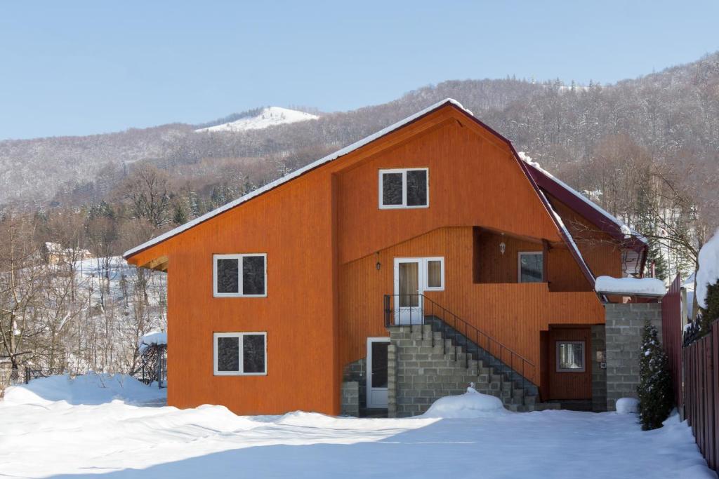 亚列姆切Акорди Плеса的一座橘色房子前面有雪