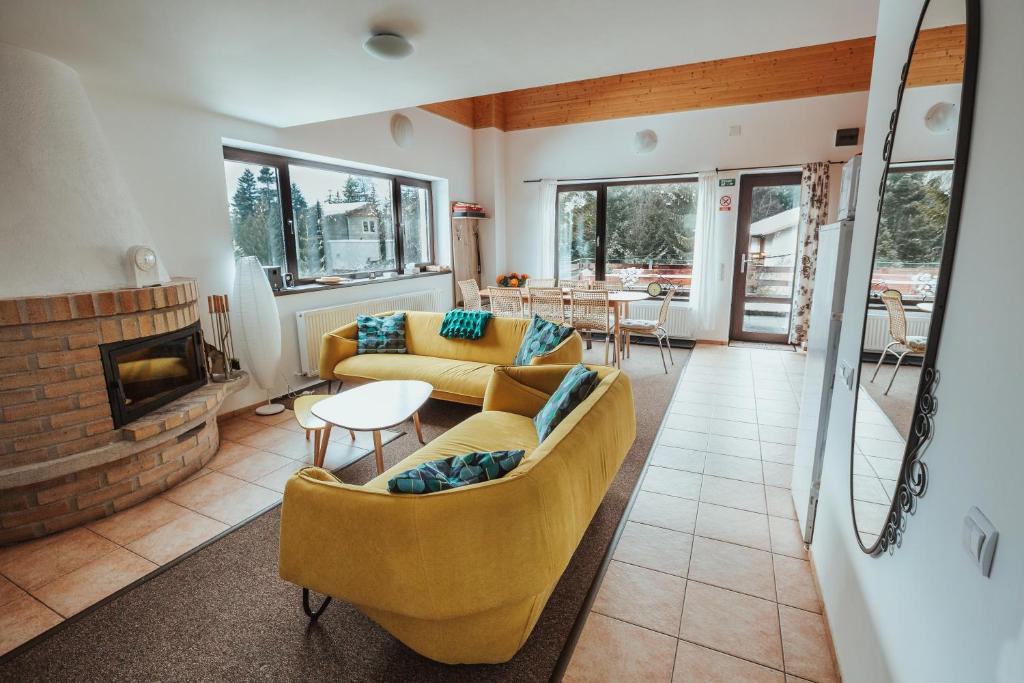 锡纳亚Panoramic Apartments - MontePalazzo Sinaia的带沙发和壁炉的客厅