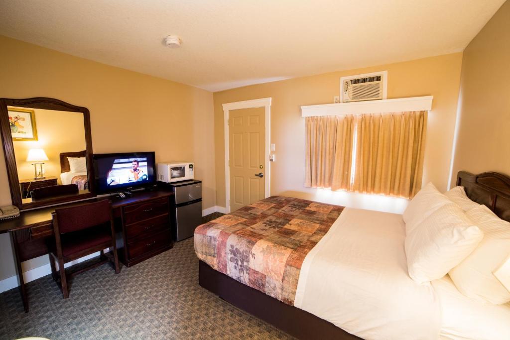 布兰登Midway Motel的酒店客房配有一张床、一张书桌和一台电视。