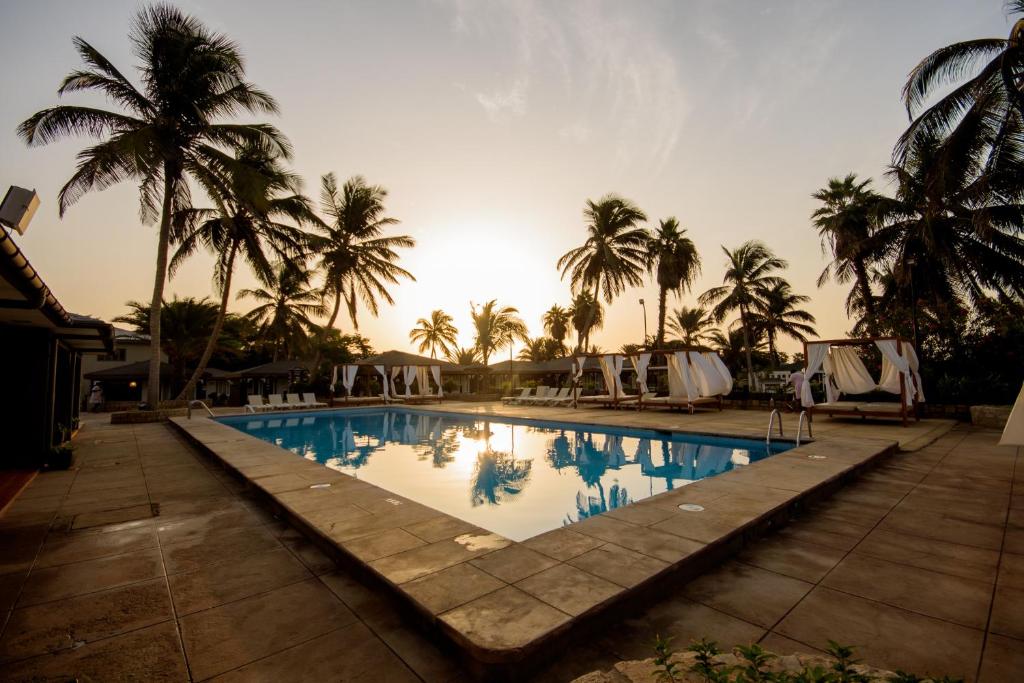 圣玛丽亚奥西斯贝洛伊宗提度假酒店的棕榈树和日落的游泳池