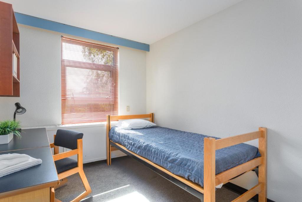 温哥华瓦尼埃学生宿舍帕西斯比特旅馆的一间卧室配有一张床、一张书桌和一个窗户。