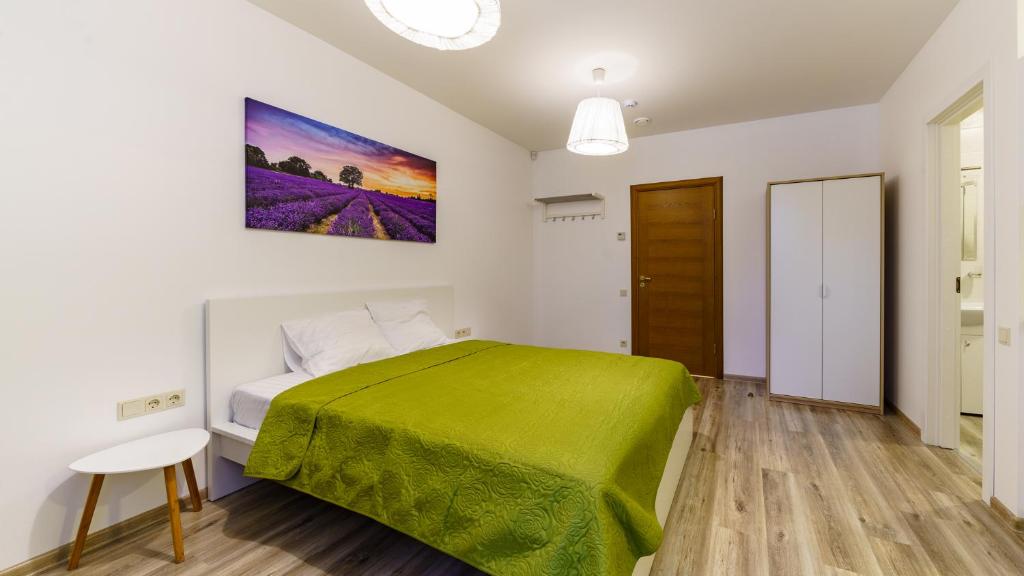 里加Riga Airport Jurmala apartments的一间位于客房内的带绿床的卧室
