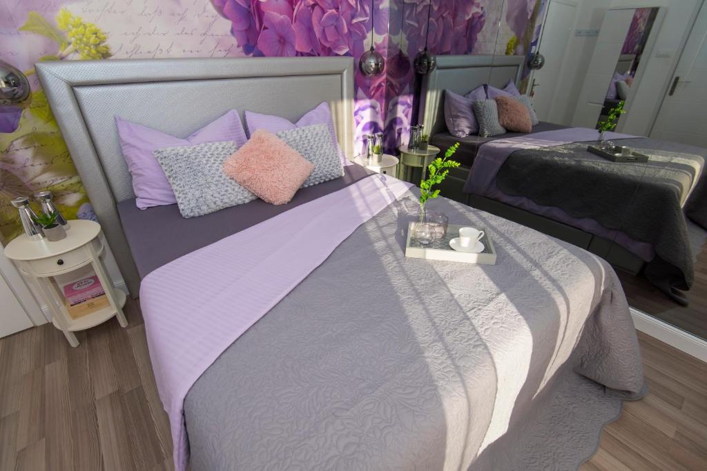 扎达尔莱尼宾馆的一间卧室配有两张带紫色和粉色枕头的床
