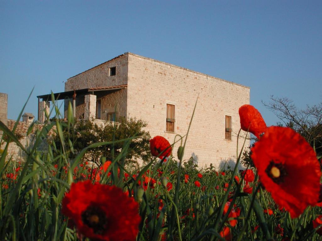 孔韦尔萨诺Masseria dei Monelli的一座建筑前的红花田
