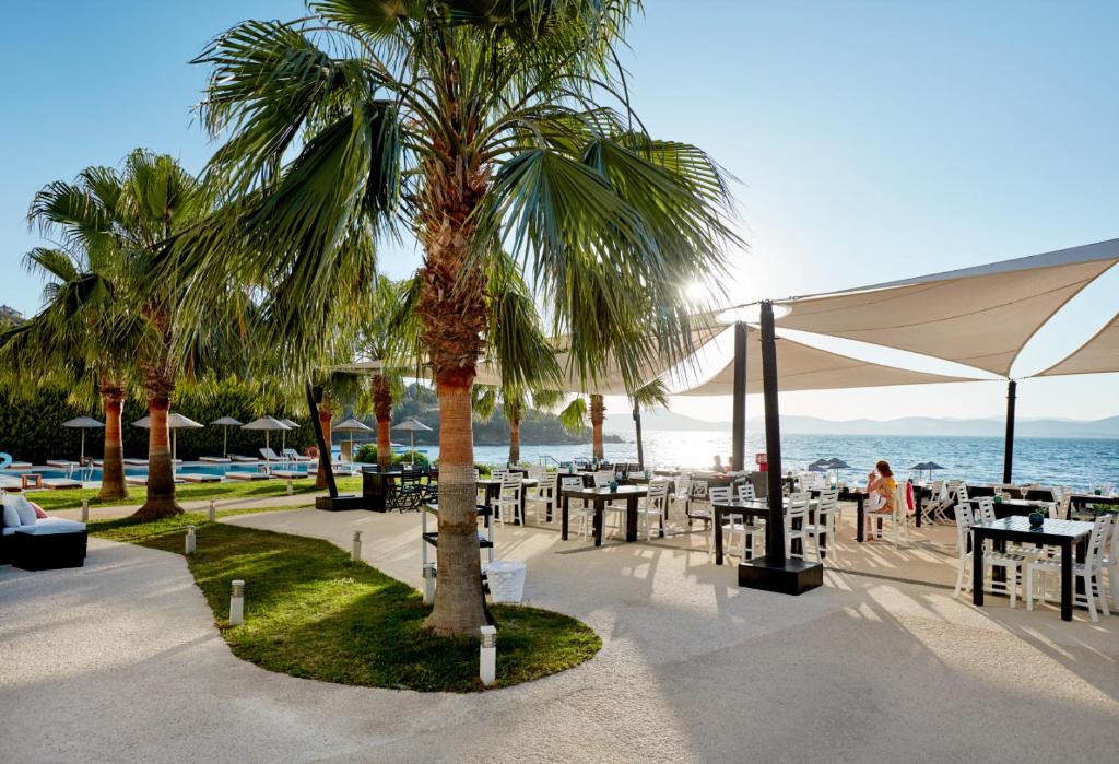 居吕克麦德因精品酒店的棕榈树,海滩旁,有桌子和遮阳伞