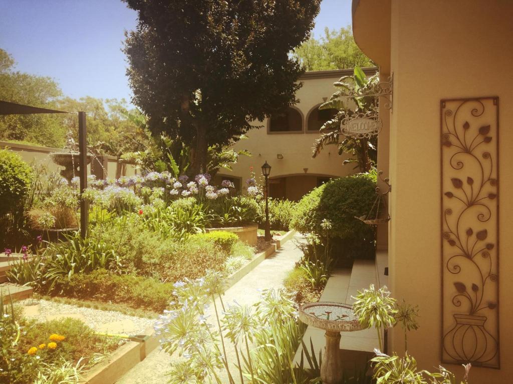 约翰内斯堡道顿旅馆的鲜花盛开的花园和带走道的建筑