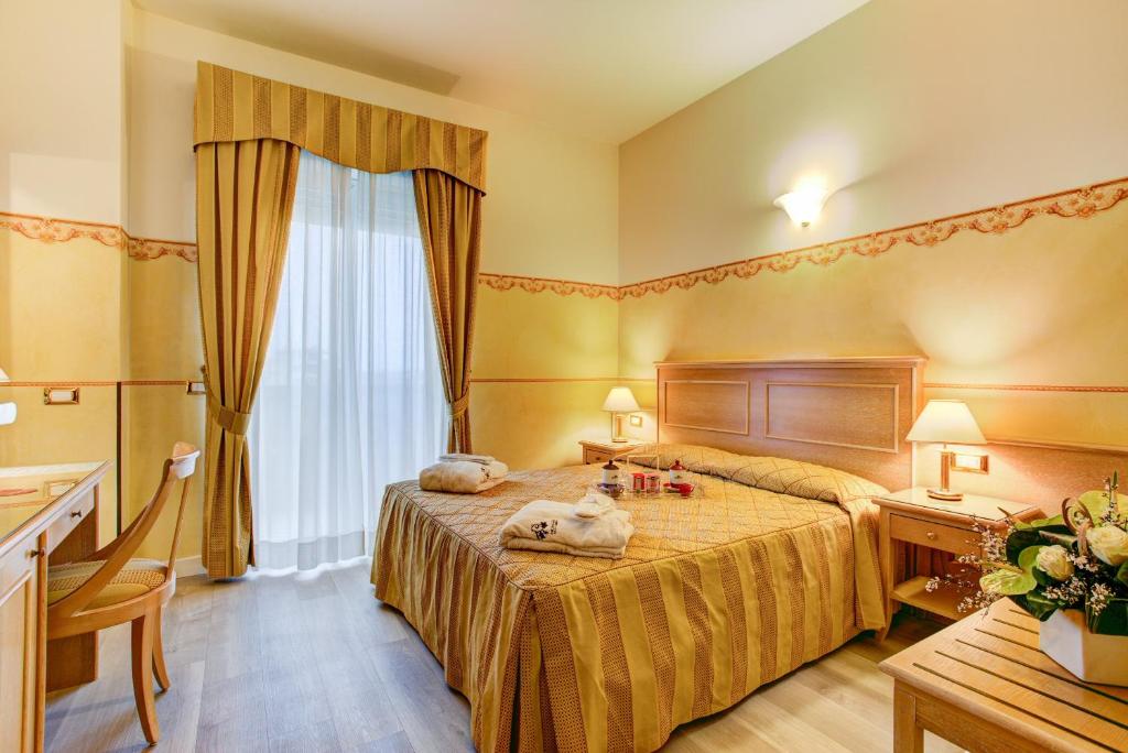 里米尼拜伦酒店的配有一张床和一张书桌的酒店客房
