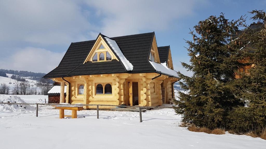 Białka TatrzanskaDomek w Białce的雪中带黑色屋顶的木屋