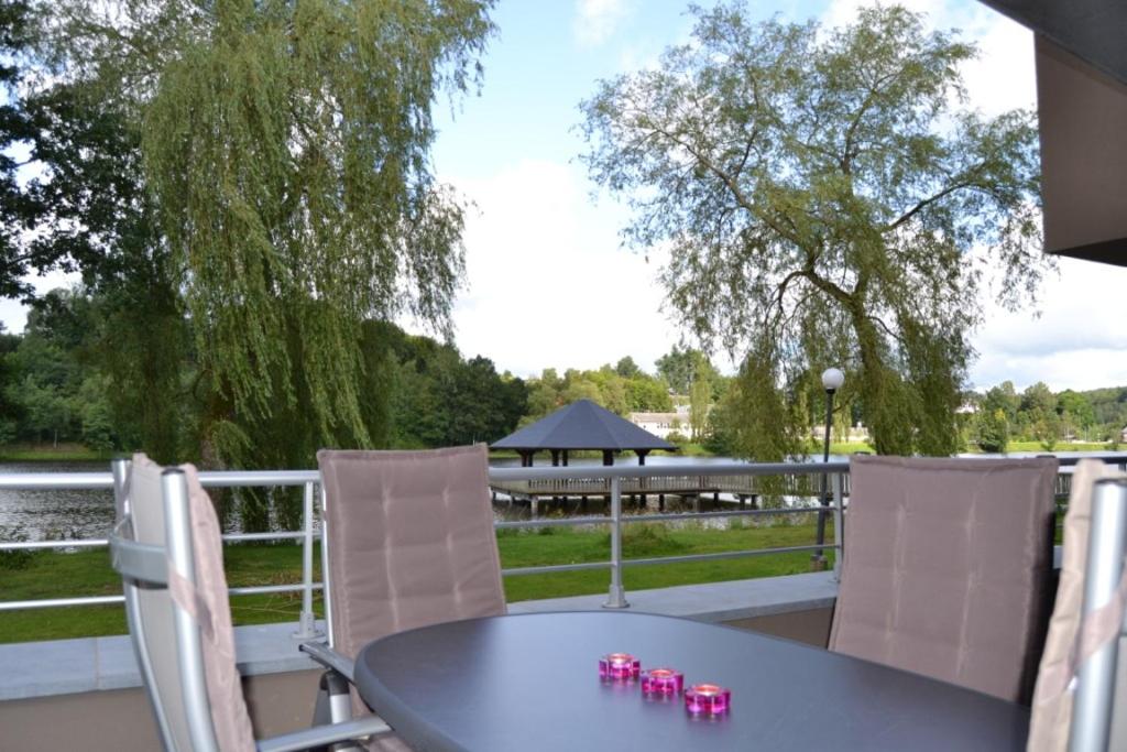 维尔雅尔姆la terrasse du lac的享有水景的天井配有桌椅