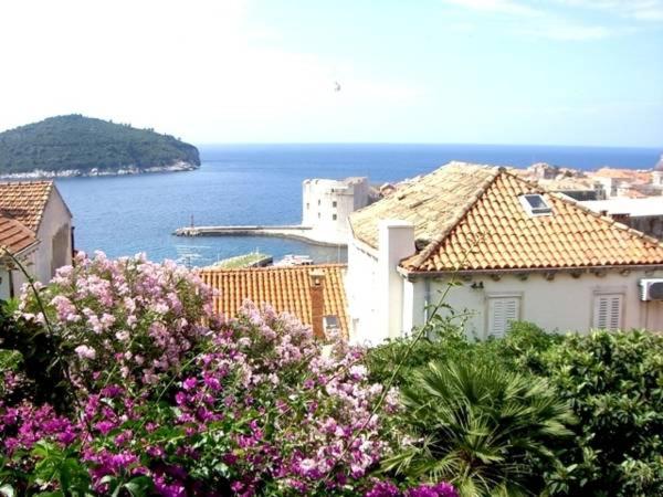 杜布罗夫尼克Adriatic Apartments的享有鲜花盛开的城镇和大海的景致。