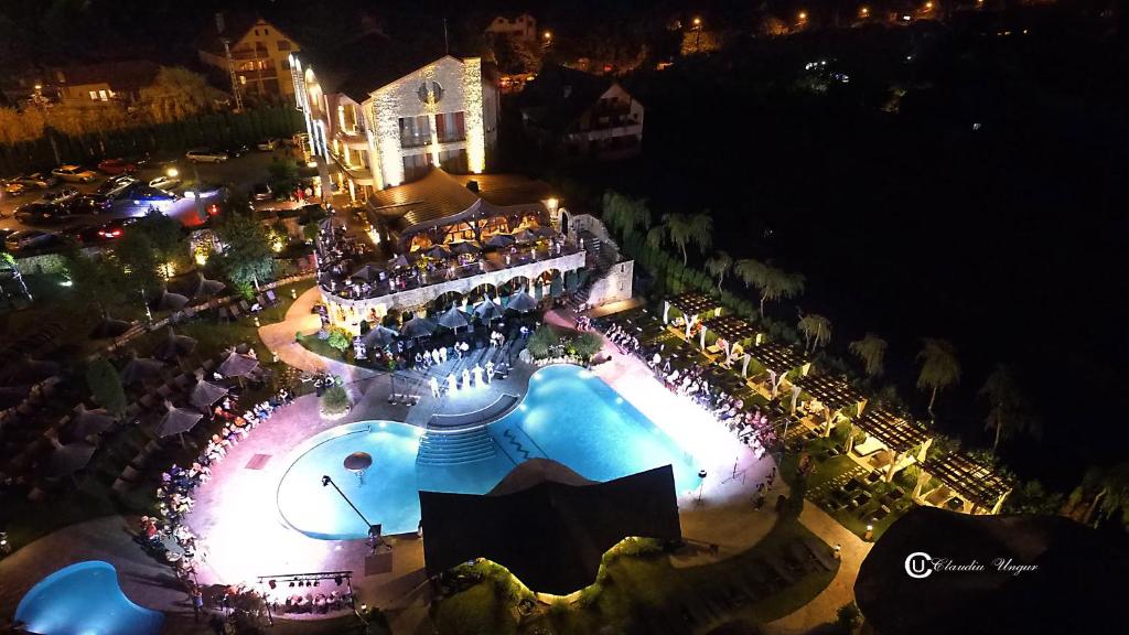 巴亚马雷Castel Transilvania的一群人晚上站在游泳池周围