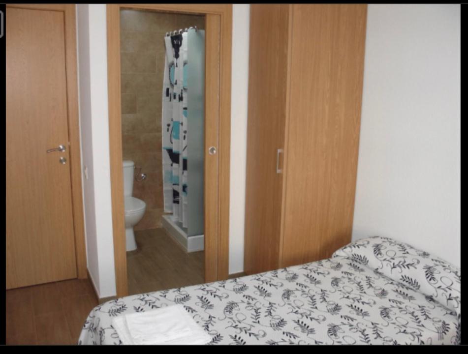 翁蒂年特Habitacions Casa Roberto的一间卧室配有一张床,浴室设有卫生间