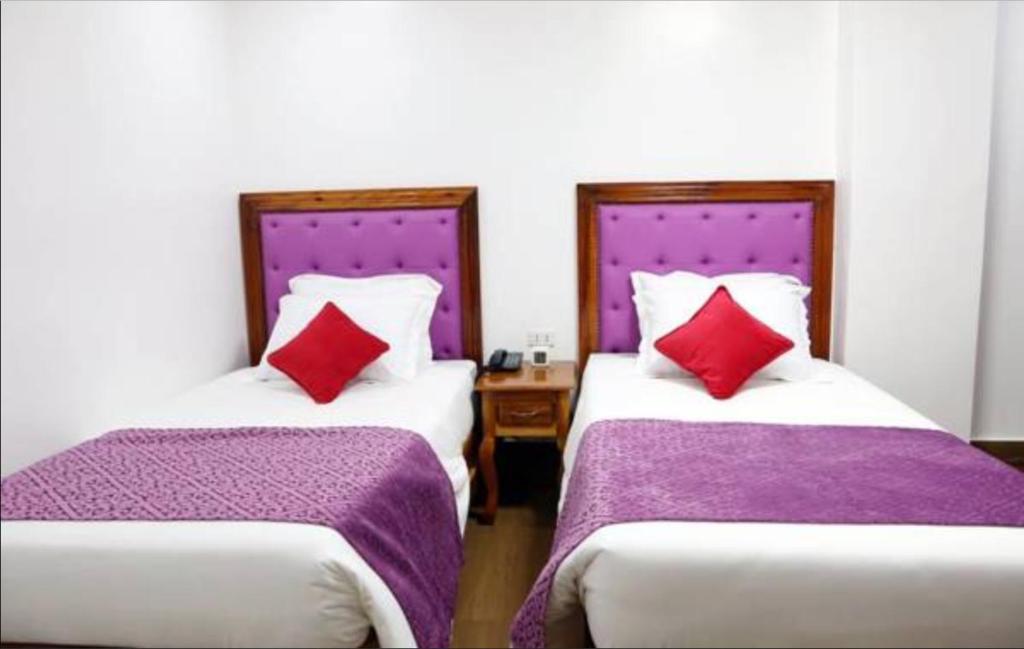 独鲁万CLN精品酒店的配有紫色和红色枕头的客房内的两张床