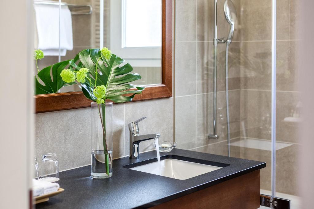 卢加诺帕拉迪索帕可套房酒店的浴室设有水槽和花瓶