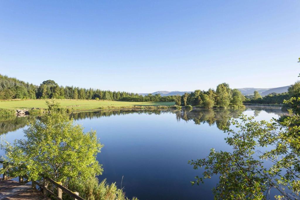 约翰斯通布里奇洛克比戴斯酒店（安嫩代尔水畔）的享有树木和山脉背景的湖泊美景