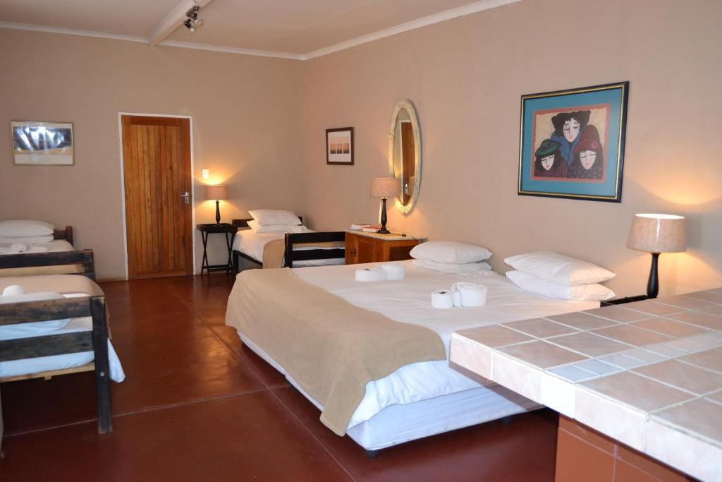 GrünauSavanna Guest Farm的酒店客房,设有两张床和镜子