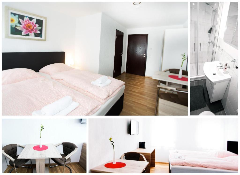 尼尔廷根瓦尔德海姆酒店的客房设有床、浴室和水槽。
