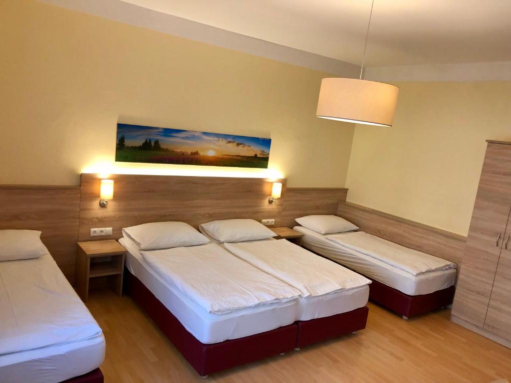 萨尔茨堡萨尔兹堡酒店的一间卧室设有两张床,墙上挂着一幅画