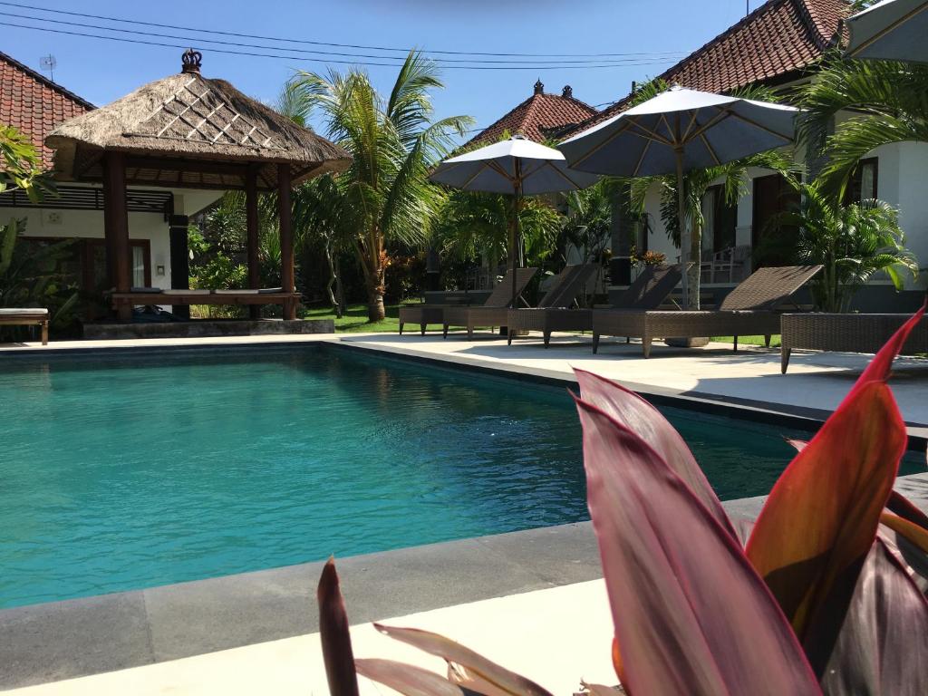 乌鲁瓦图宾津家庭简易别墅酒店的房屋旁的游泳池配有椅子和遮阳伞