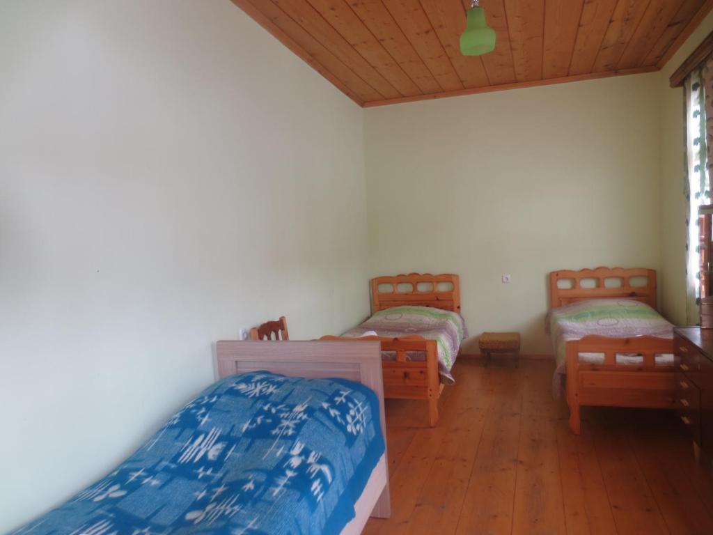 梅斯蒂亚irma beso & aleko khergianis guesthouse的一间卧室设有三张床,铺有木地板