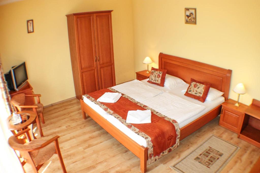 豪伊杜索博斯洛迦加酒店的一间卧室配有一张床、一张书桌和一台电视