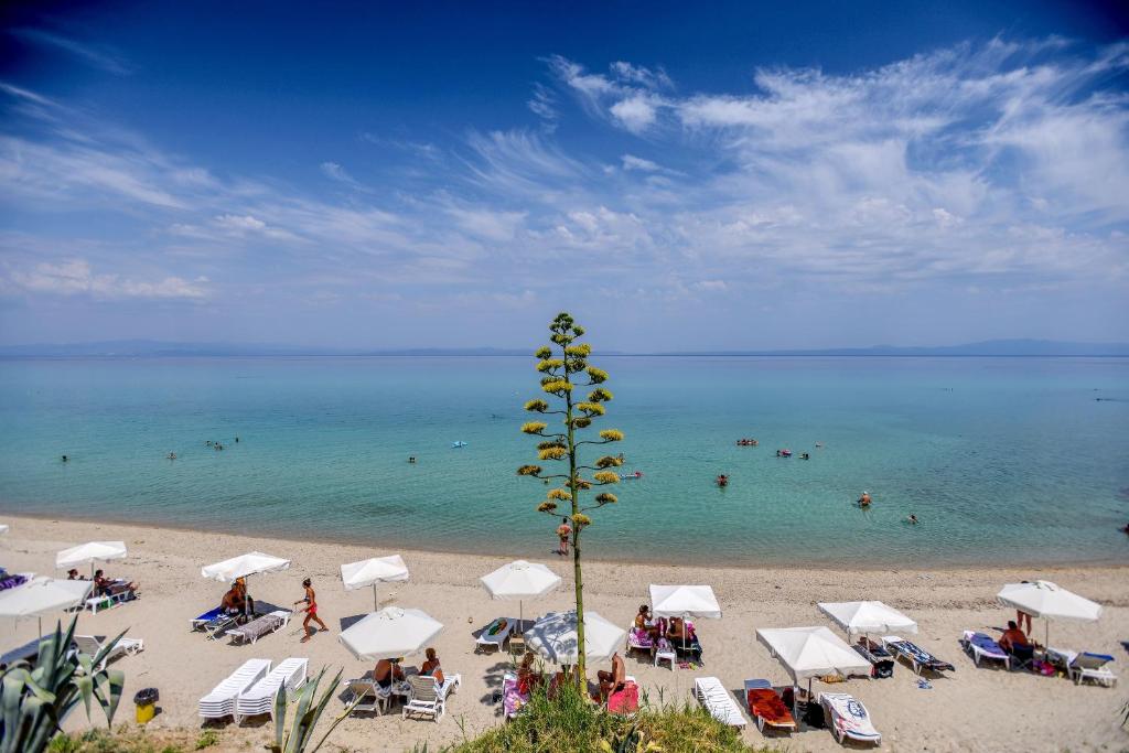 克里皮吉Villa Adria的海滩上有白色的遮阳伞和水中的人