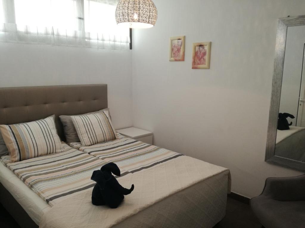 英格兰海滩Modern Apartment的一只黑狗坐在卧室的床上