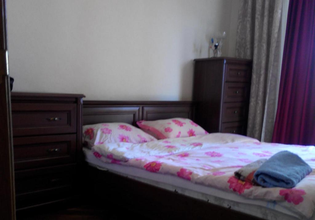 基辅Comfortable flat near the Dnieper river in Kyiv的一间卧室配有一张床和一个梳妆台