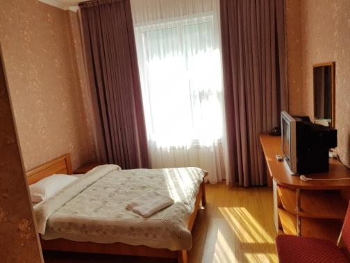 阿斯塔纳Гостиница "Алтын Орда"的一间卧室配有一张床、一台电视和一个窗口