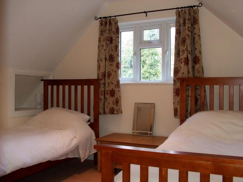 佩恩斯威克Tibbiwell Lodge的一间卧室设有两张床和窗户。