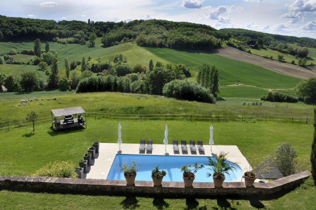 Penne-dʼAgenaisLe Relais de Roquefereau的绿色田野中带游泳池的庄园