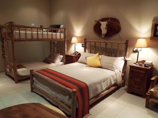 普拉亚埃尔莫萨Hotel La Gaviota Tropical的卧室配有两张双层床,墙上挂着牛头