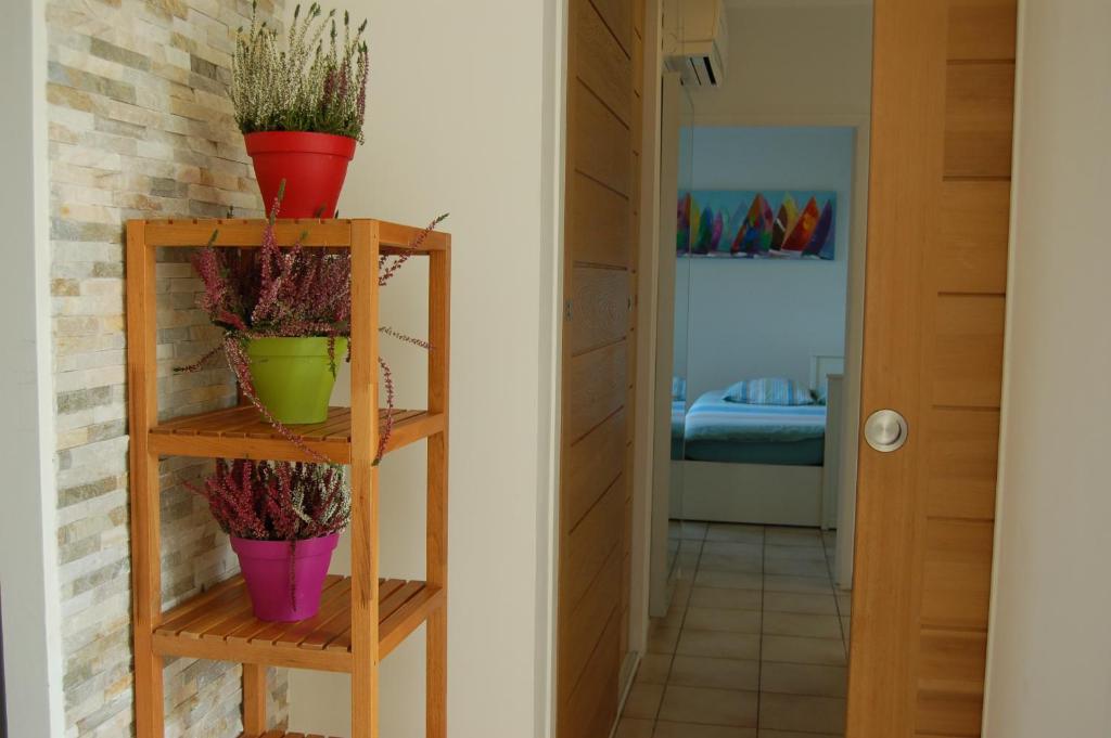 GaronsLa Maison de Peggy的一间设有两个木架和盆栽的房间