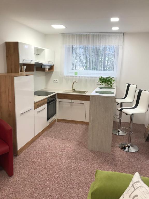兹林Apartmans Les的厨房配有白色橱柜、水槽和2把椅子