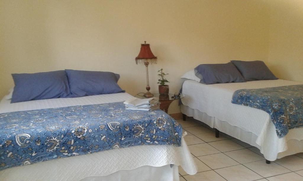 危地马拉lindo apartamento的一间卧室配有两张带蓝白色床单的床