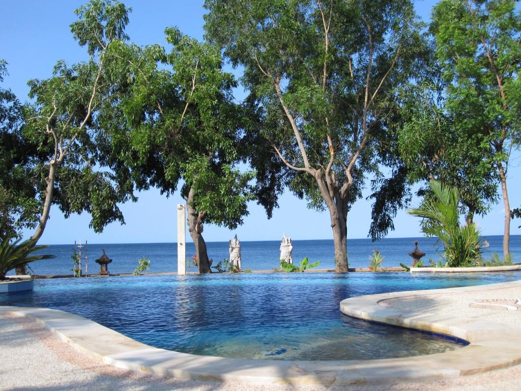艾湄湾巴厘岛梦想之家酒店的一座种有树木的游泳池,一座背景为大海的游泳池