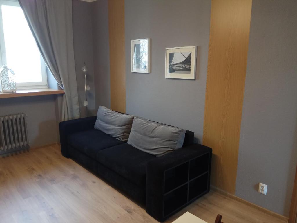 比亚韦斯托克Nordic Apartamenty Malmeda的客厅里一张黑色沙发,设有窗户