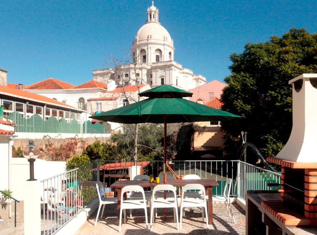 里斯本阿尔法玛露台酒店的阳台配有带绿伞的桌椅