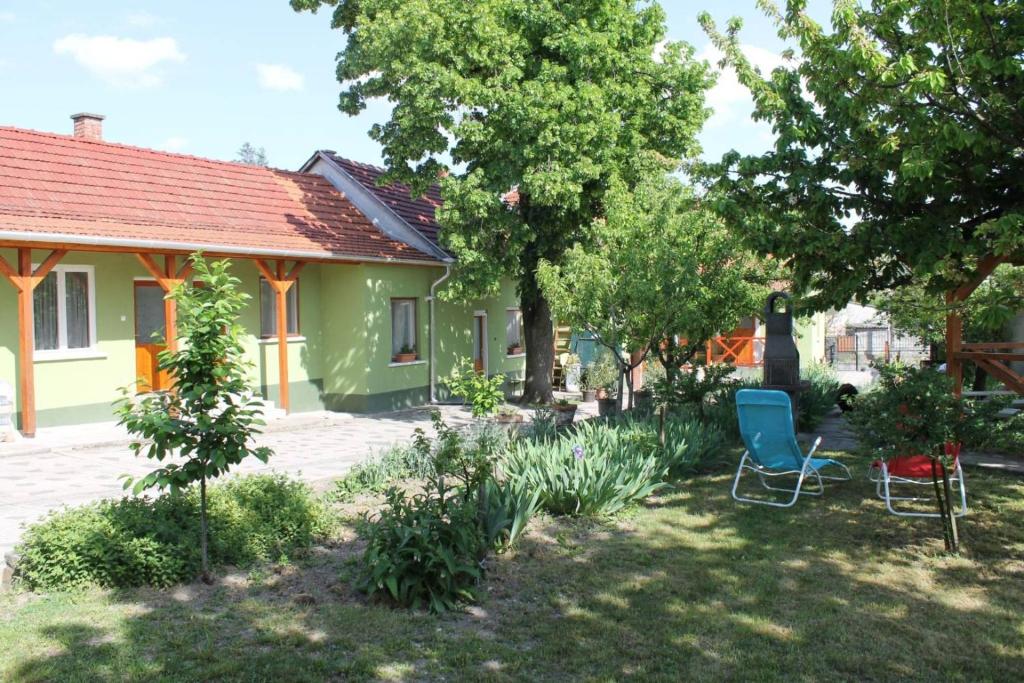 TállyaHomoky Pincészet és Vendégház的一个带蓝色椅子的院子的房子