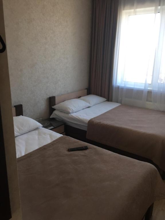 LitynDvir Litynskyi的酒店客房设有两张床和窗户。