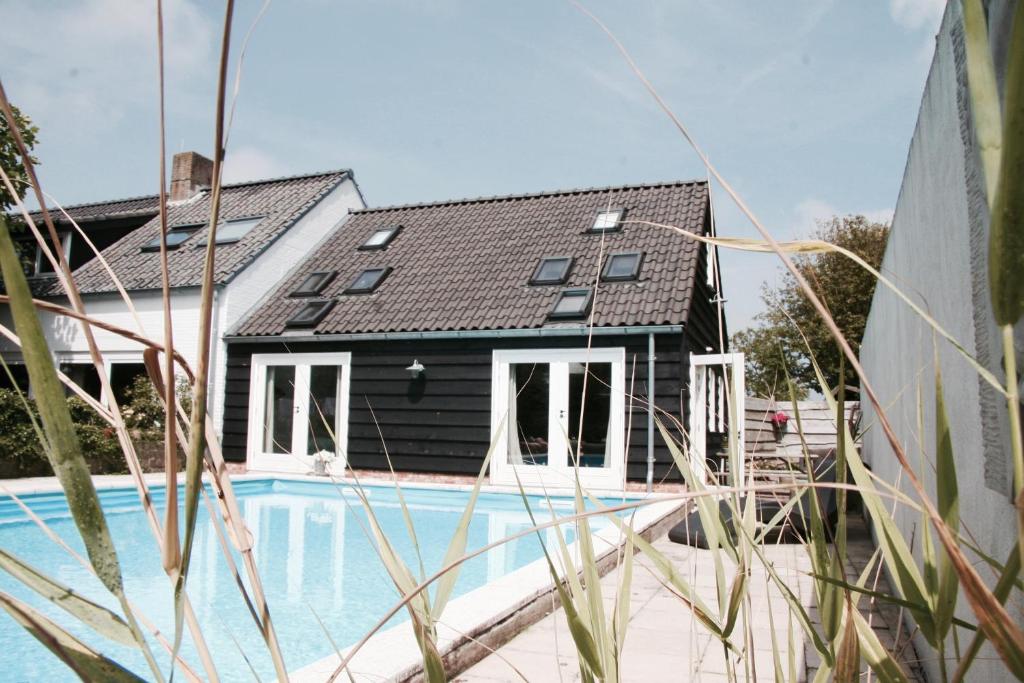 雷讷瑟Bed & Breakfast Zeeland的黑色房子,设有黑色屋顶和游泳池